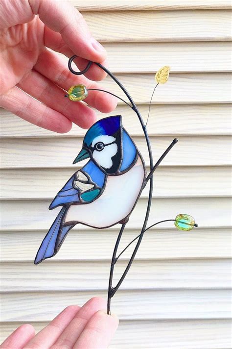 Blue Jay Stained Glass Bird Suncatcher Anniversary T Etsy