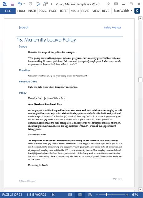 policy manual template ms word templates forms checklists  ms