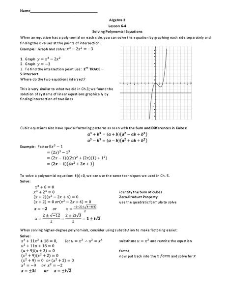 solving polynomial equations worksheet    grade lesson planet