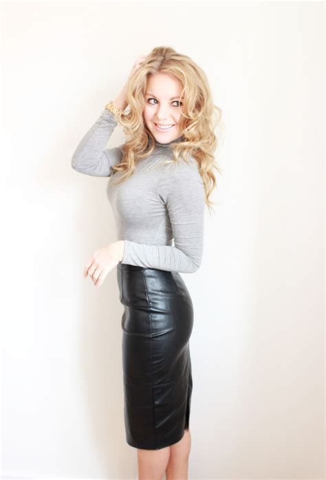 blonde in leather skirt and tight sweater leather
