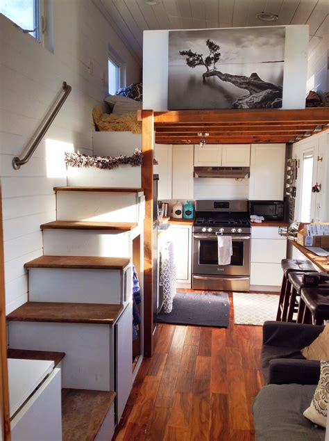 tiny house  lofts rooftop deck  tiled shower skylight modern kitchen  cottage