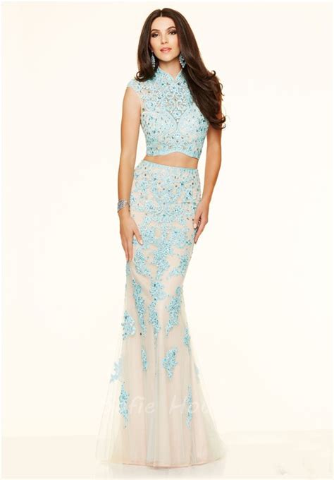 mermaid high neck two piece long champagne lace beaded prom dress with collar