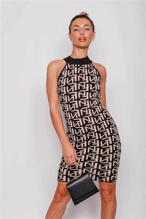 Wholesale Fendi Black Printed Halter Bodycon Dress