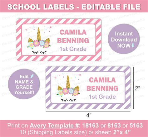 unicorn  labels unicorn school labels printable school etsy
