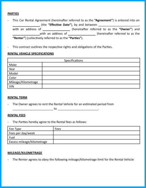 car rental agreement template    win  clients