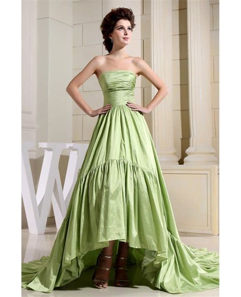 green ball gown strapless asymmetrical satin wedding dress op