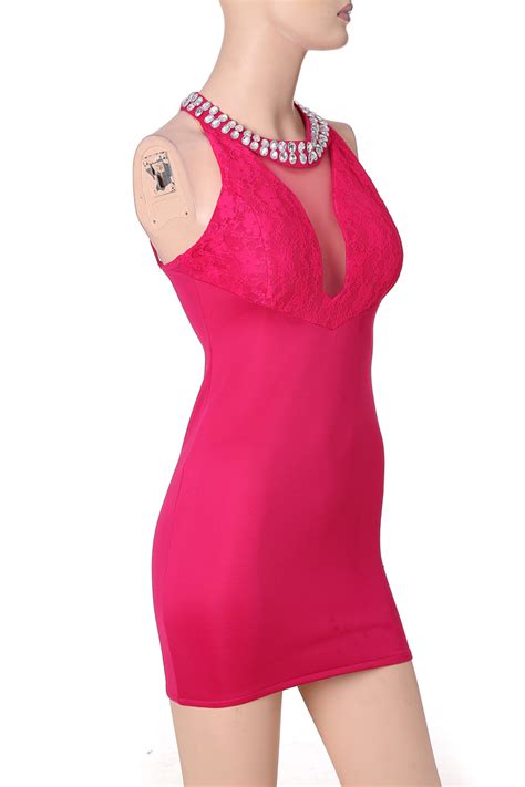 Hot Sexy Hot Pink Jewels Neck Club Party Bodycon Mini