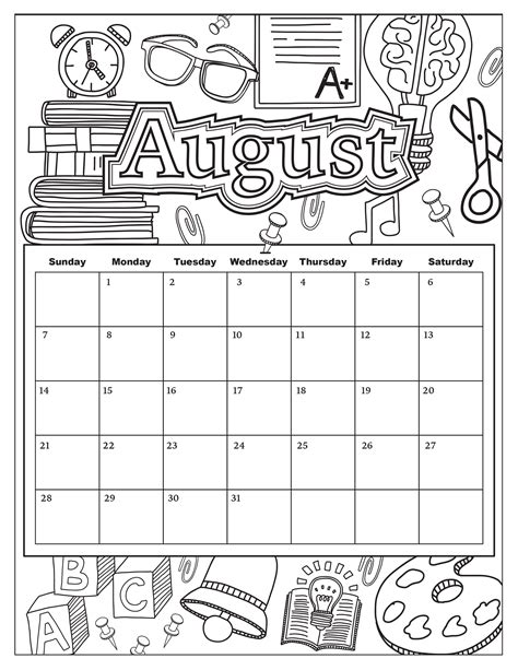 august  calendar coloring pages printable coloring calendar