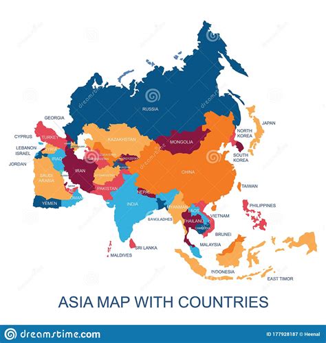 Vector Illustration Design Of Continent Asia Map With Countries Name
