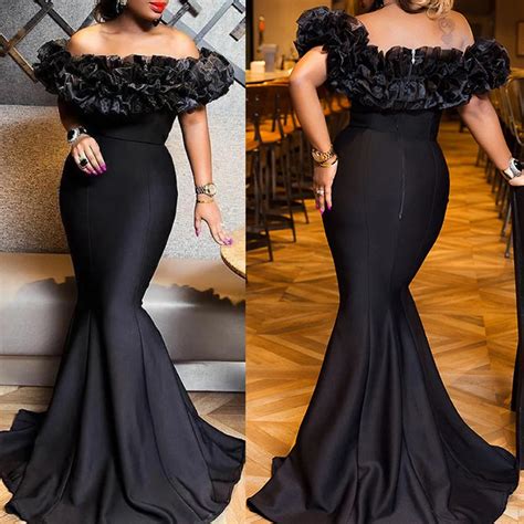 md african women black dress  shoulder mesh ruffle dress south africa ladies skinny maxi