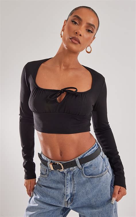 black ruched bust tie front crop top tops prettylittlething