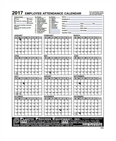 employee attendance calendar  calendar template printable