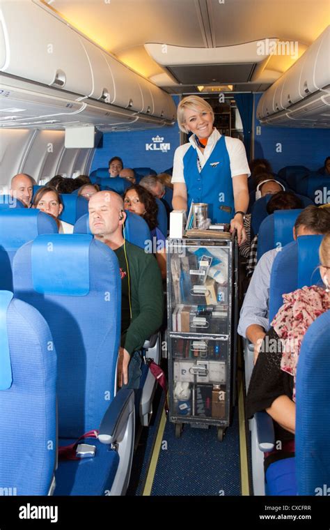klm stewardess pushing a cart through an airplane stock