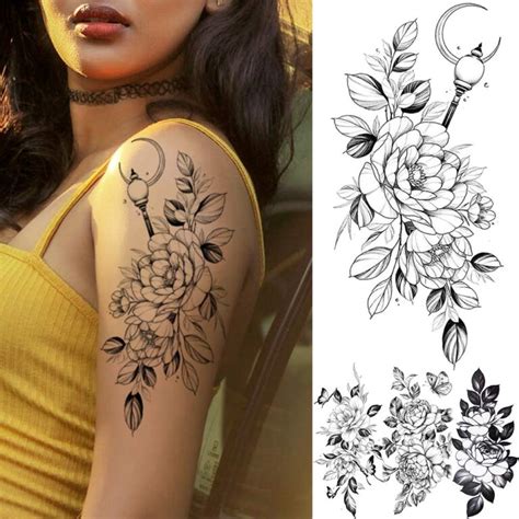 yezunir 16 sheets sexy flower temporary tattoos for women peony sketch