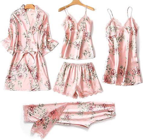 llyand blushy silk 5 piece pajama set women s sleepwear floral lace