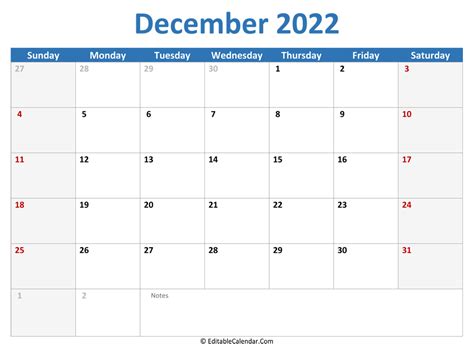 december  printable calendar  holidays