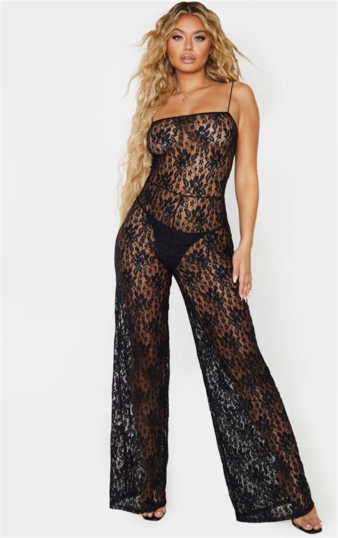 Black Sheer Lace Strappy Jumpsuit Prettylittlething Aus