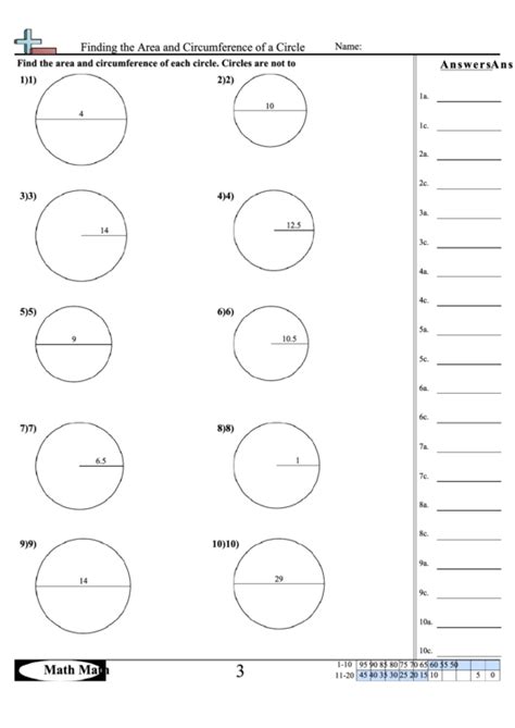 finding  area  circumference   circle math worksheet