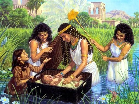 the infant moses placed in a basket by mom sent down the river miriam watches gets yocheved some