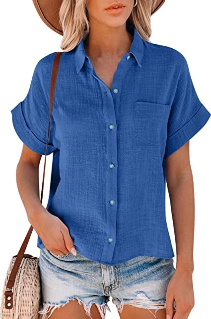 Buetory Women S Summer Short Sleeve Linen Shirts V Neck Collared Button