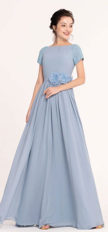dusty blue beaded modest bridesmaid dress  short sleeves dusty blue bridesmaid dresses