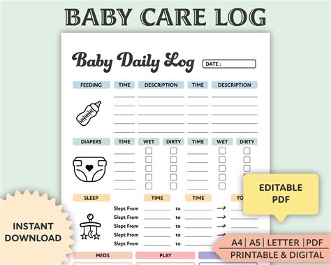 editable baby daily log printable baby care log nanny log etsy