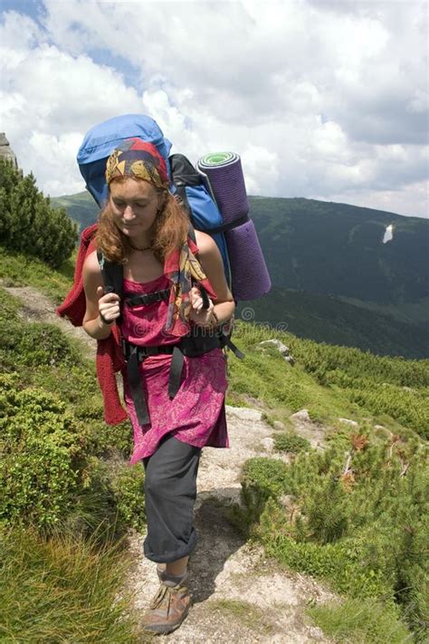 Backpacker Girl Standing On A High Cliff Stock Image Image Of