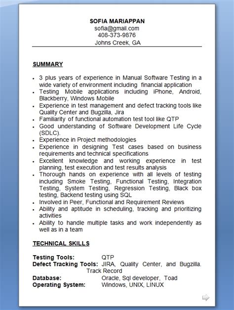 manual tester sample resume format  word