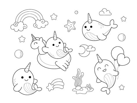 premium vector cute narwhal unicorn sea drawing coloring page