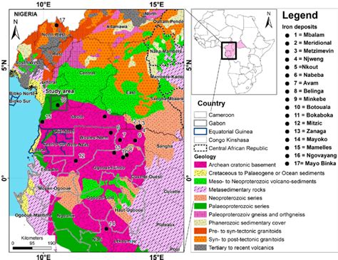 regional geology map showing major iron ore deposits  central africa