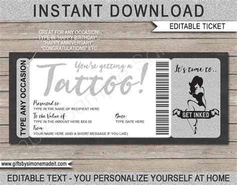 tattoo gift certificate voucher ticket card printable template etsy