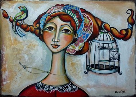 A Painting Of A Woman With Birds In Her Hair And A Birdcage On Her Head