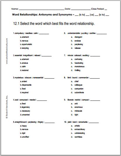 12 1 Word Relationships Worksheet Free To Print Pdf File Word