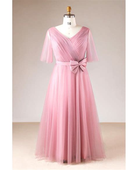 plus size rose pink pleated v neck long formal dress with