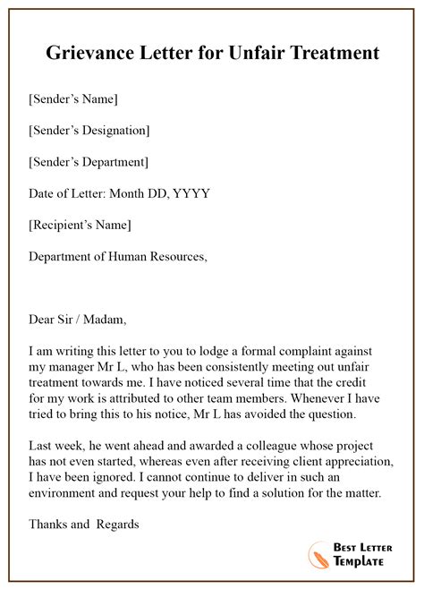 grievance letter  unfair treatment  letter template