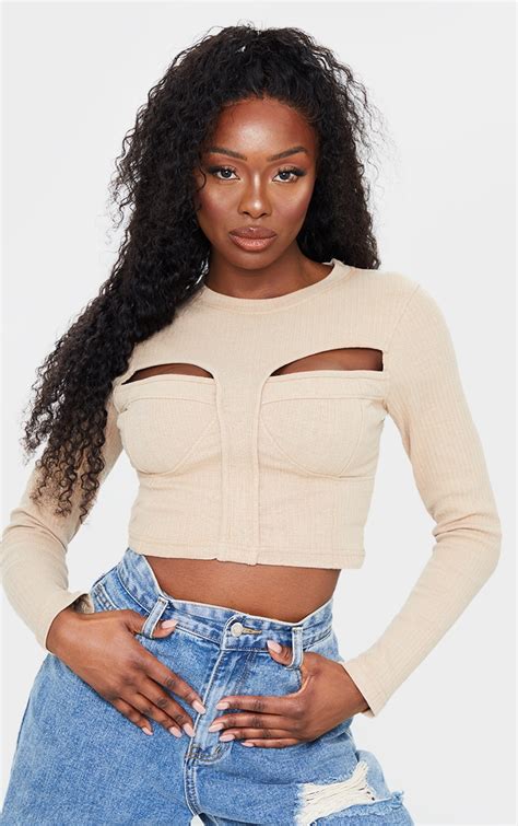 taupe structured rib bust cup long sleeve crop top prettylittlething