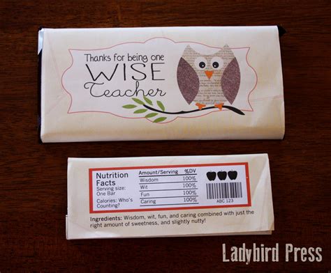 teacher appreciation gift candy bar wrapper printable  owl
