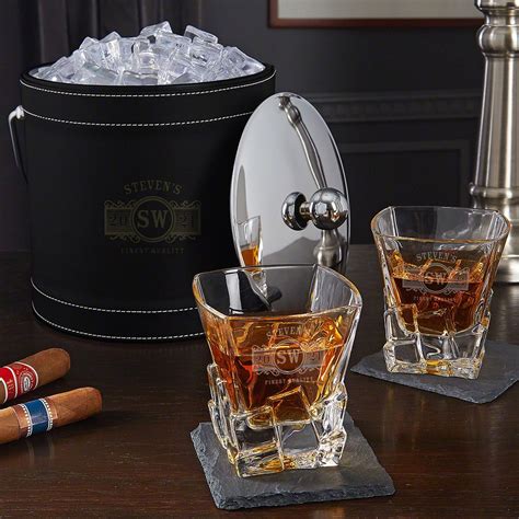 Marquee Engraved Ice Bucket Cocktail T Set With Iceburg Glasses