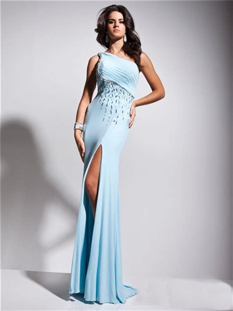 fashion sexy one shoulder backless long light blue prom