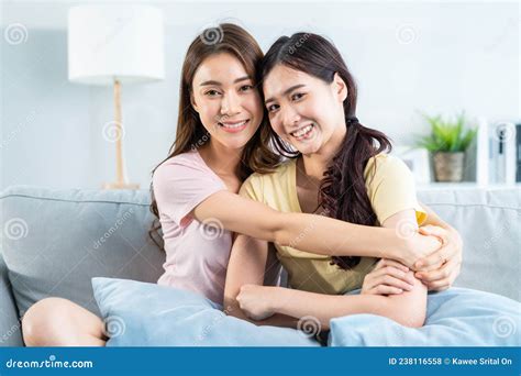 Portrait Of Asian Beautiful Lesbian Woman Couple Smile Look At Camera