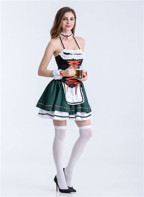 On Sale Adult Sexy German Beer Girl Maid Costume Green Bavarian Sexy