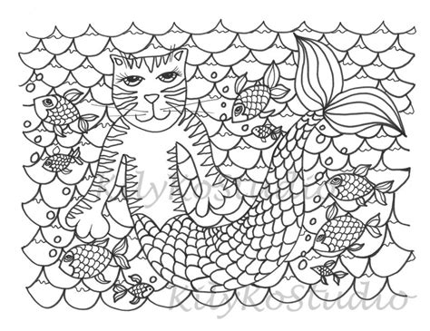 mermaid cat coloring page digital instant   etsy