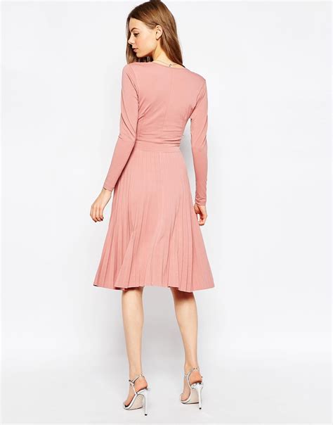 lyst asos wrap midi dress with pleats in pink