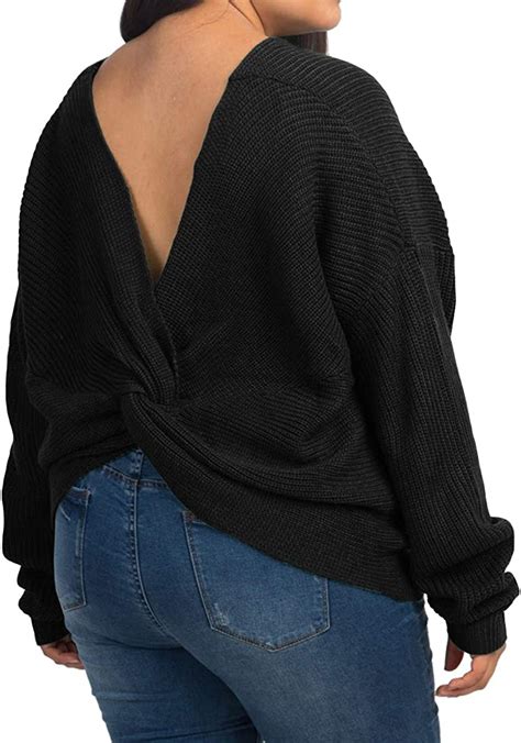 womens back criss cross sexy v neck loose sweaters plus size batwing
