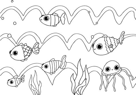 cute baby fish jellyfish waves ocean doodle coloring book isolated