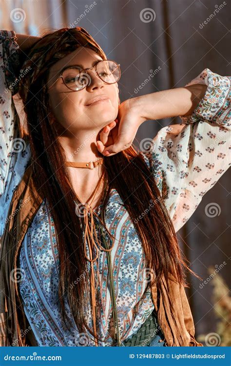 Portrait Of Beautiful Hippie Girl Stretching Stock Image Image Of
