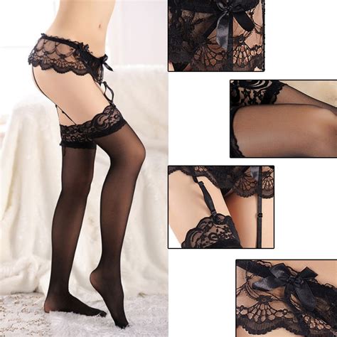 sexy womens sheer lace top thigh highs stockings and garter belt