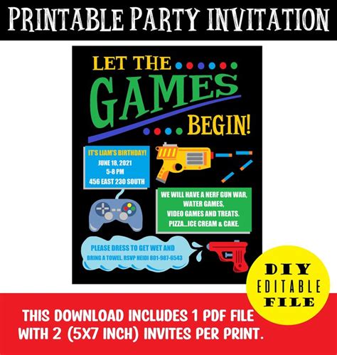 printable game party invitation diy editable digital instant etsy