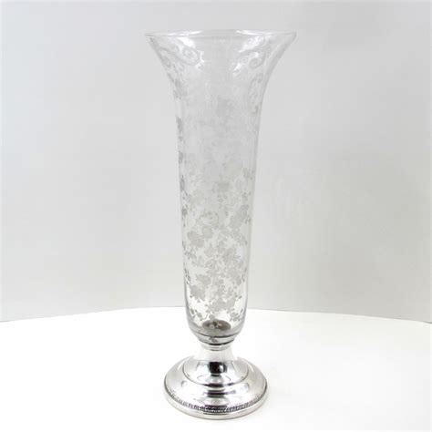 Estate Cambridge Etched Glass Vase With Sterling Silver Base S And K Ltd