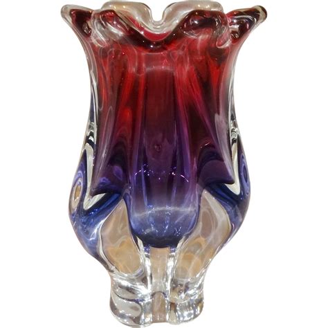 Heavy Three Ribbed Murano Sommerso Art Glass Vase